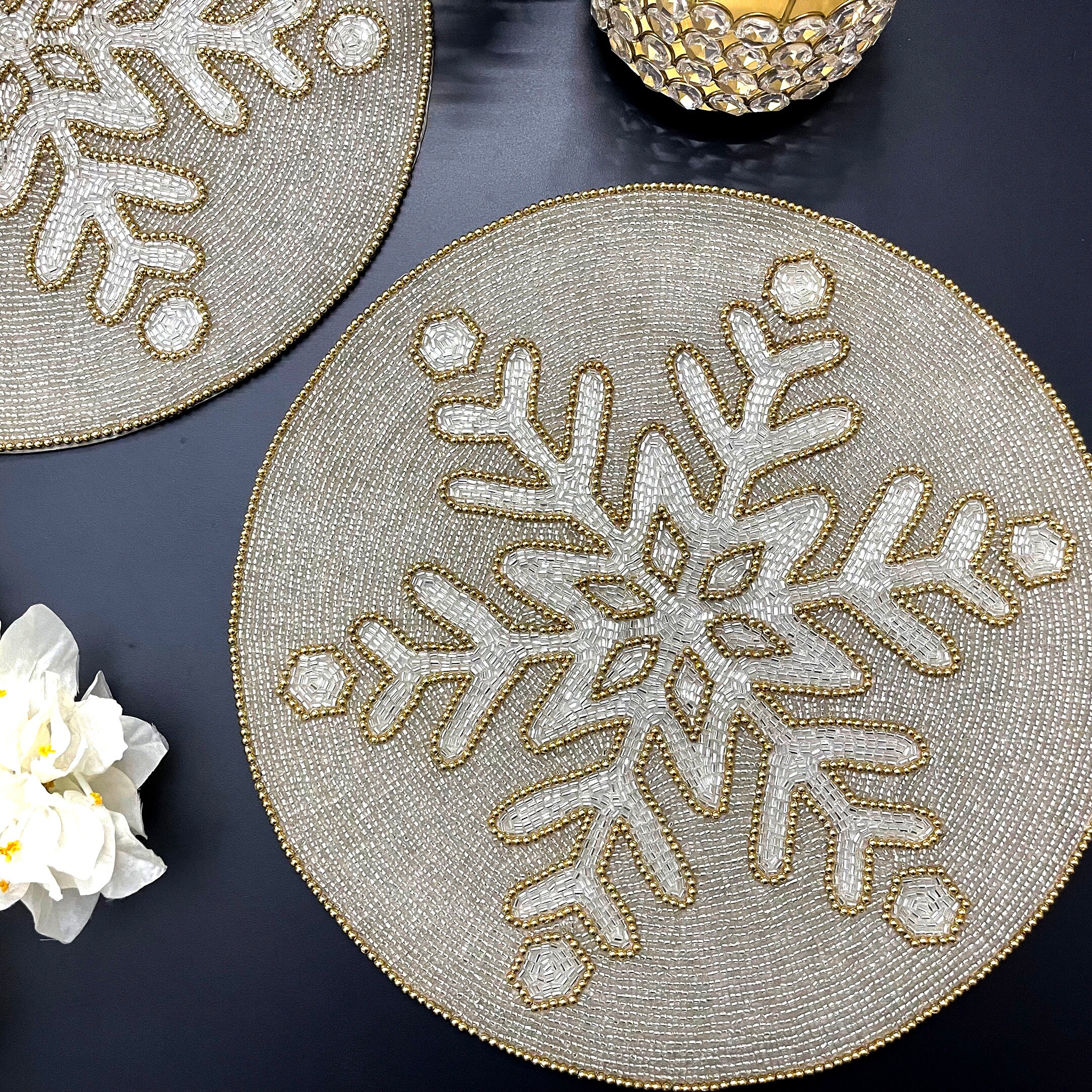 Set of 6, Christmas snowflakes placemat, handmade beaded, Silver and gold, 14inch