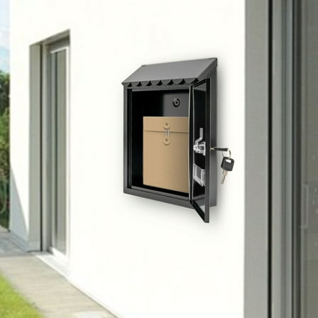 Galvanized Iron Mailbox with Key Lock, Fashion Mail Box Modern Wall-mounted Design Black Wall-Mount Mailbox