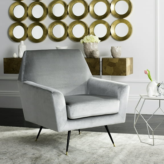 SAFAVIEH Nynette Velvet Retro Mid Century Accent Chair, Light Grey