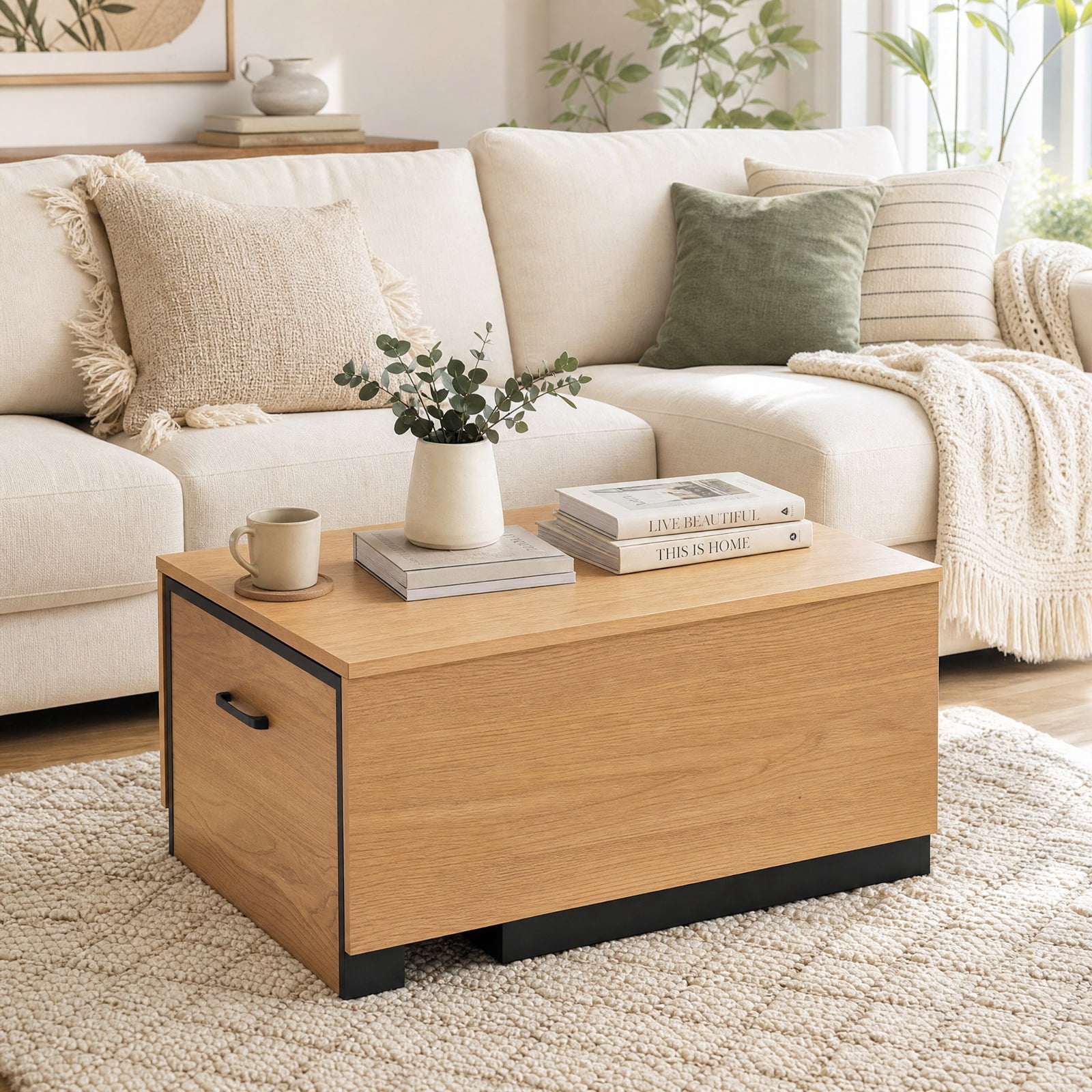 Furnibear Extendable 2-Tier Coffee Table with Concealed Storage Compartment and Bottom Shelf for Living Room and Small Space, Natural