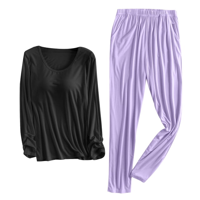 Bowake Pyjamas pour Femmes 2 Pcs Tenues Col Rond Manches Longues Hauts et Pantalons Ensembles Vêtements de Nuit Pjs avec Coussinet de Poitrine
