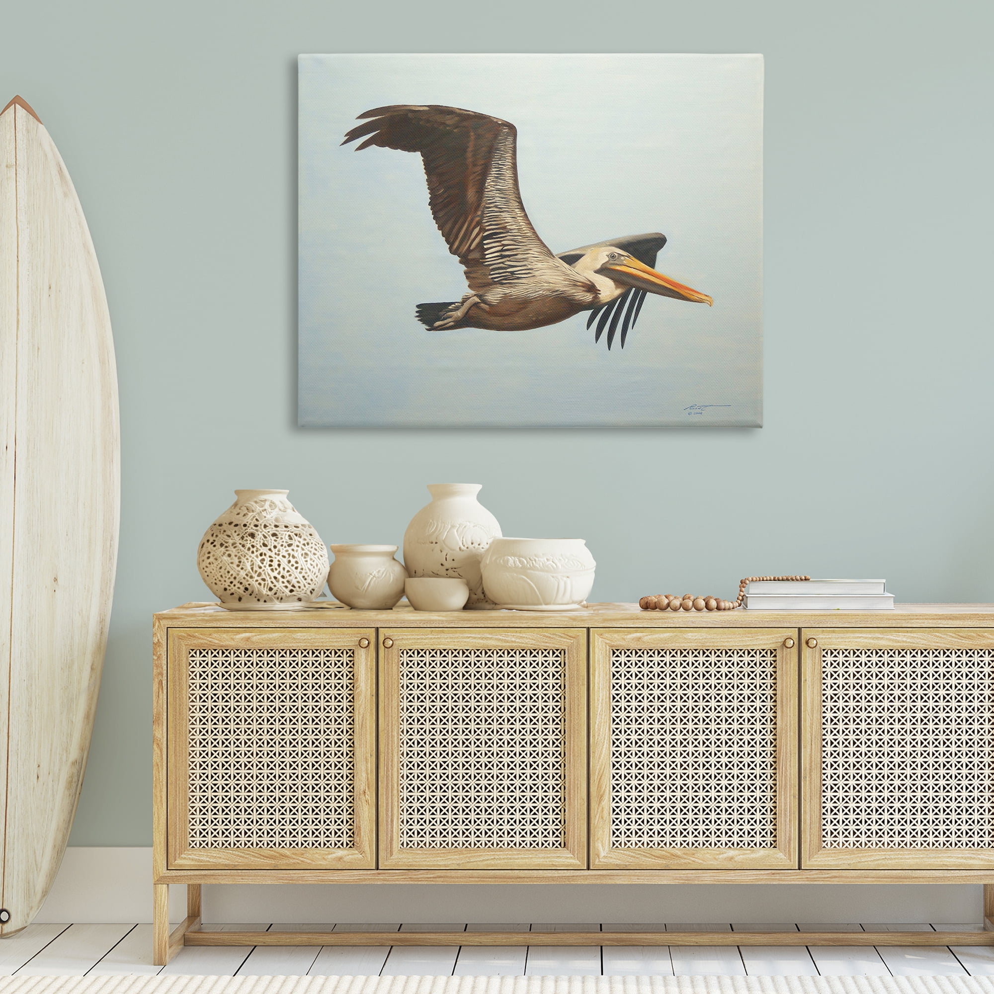 Stupell Industries Brown Pelican in Flight Animals & Insects Painting Gallery Wrapped Canvas Art Print Wall Art, 48 x 36
