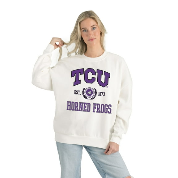 Women's Gameday Couture White TCU Horned Frogs Premium Fleece Drop Shoulder Oversized Pullover Sweatshirt