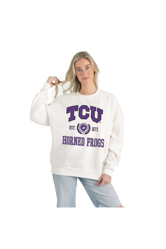 Women's Gameday Couture White TCU Horned Frogs Premium Fleece Drop Shoulder Oversized Pullover Sweatshirt