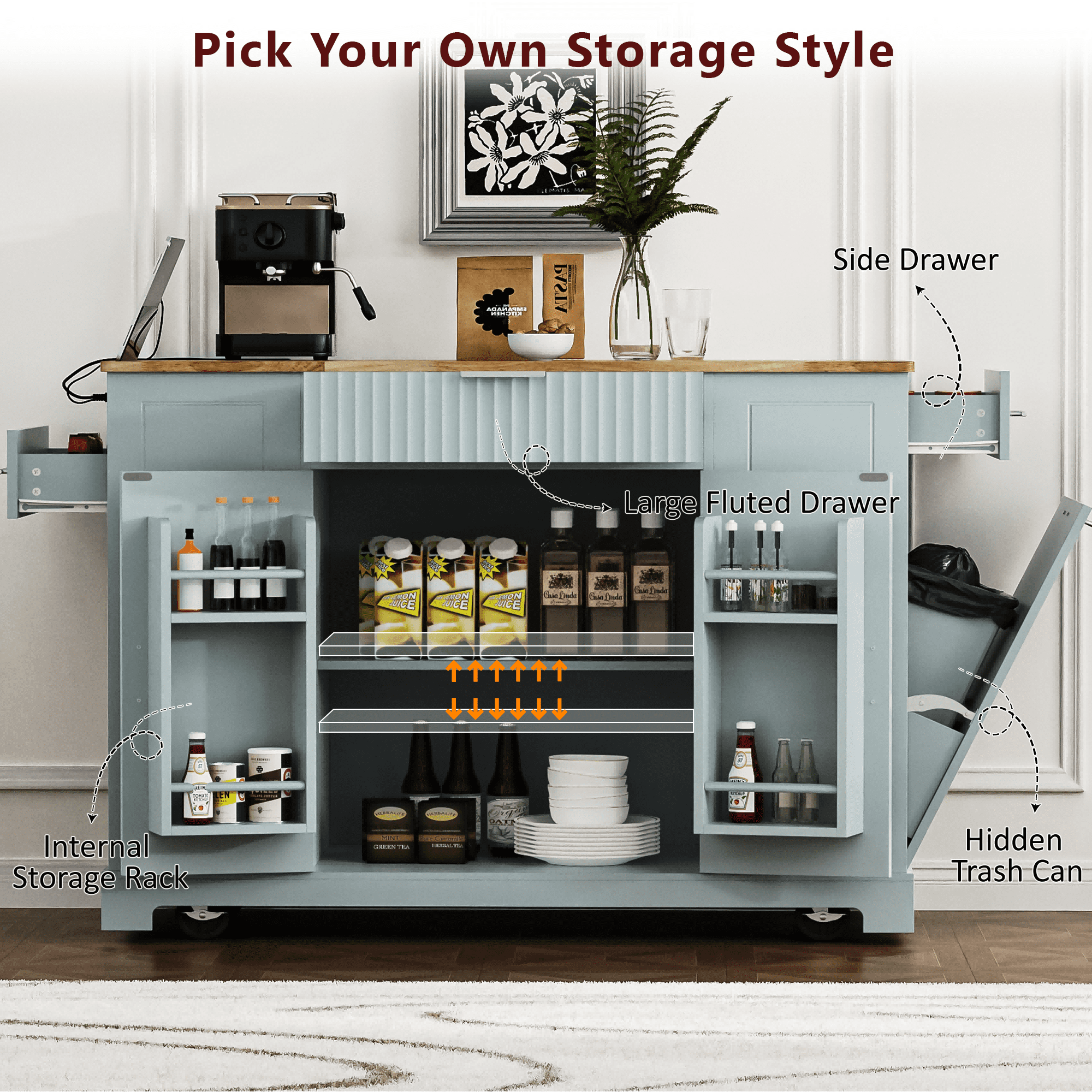 DTTRA 47" Kitchen Island with Hidden Trash Can Storage Cabinet, Rubber Wood Top Rolling Kitchen Cart on 5 Wheels with Power Outlet, 3 Drawers & Open Side Racks, Ideal for Home and Dining Room, Blue