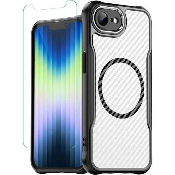 REQO for iPhone 16e Case with Tempered Glass Screen Protector Full Body Rugged Case [Carbon Fiber Texture Deisgn][Shock-Absorbing Corners] Shockproof Drop Proof Protective Phone Case Cover