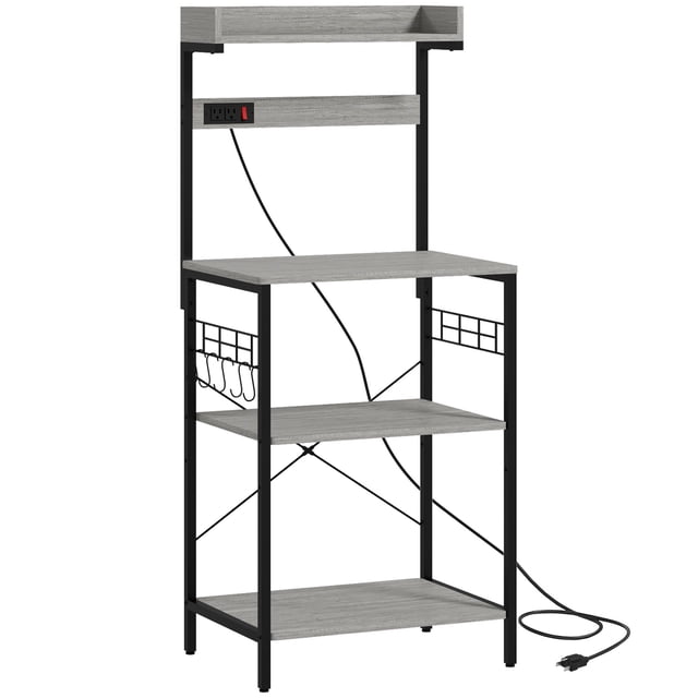 Distressed Grey Kitchen Baker's Rack with Power Outlet & Adjustable Shelves - Coffee Bar Station for Living Room, Dining & Entryway Storage (53.9" H)