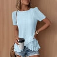 thumbnail image 4 of FRSASU Women's Eyelet T-Shirt Hollowed-Out Crew Neck Short Sleeve Cross Ruffle Hem Casual Summer Tunic Tops Sky Blue, 4 of 7