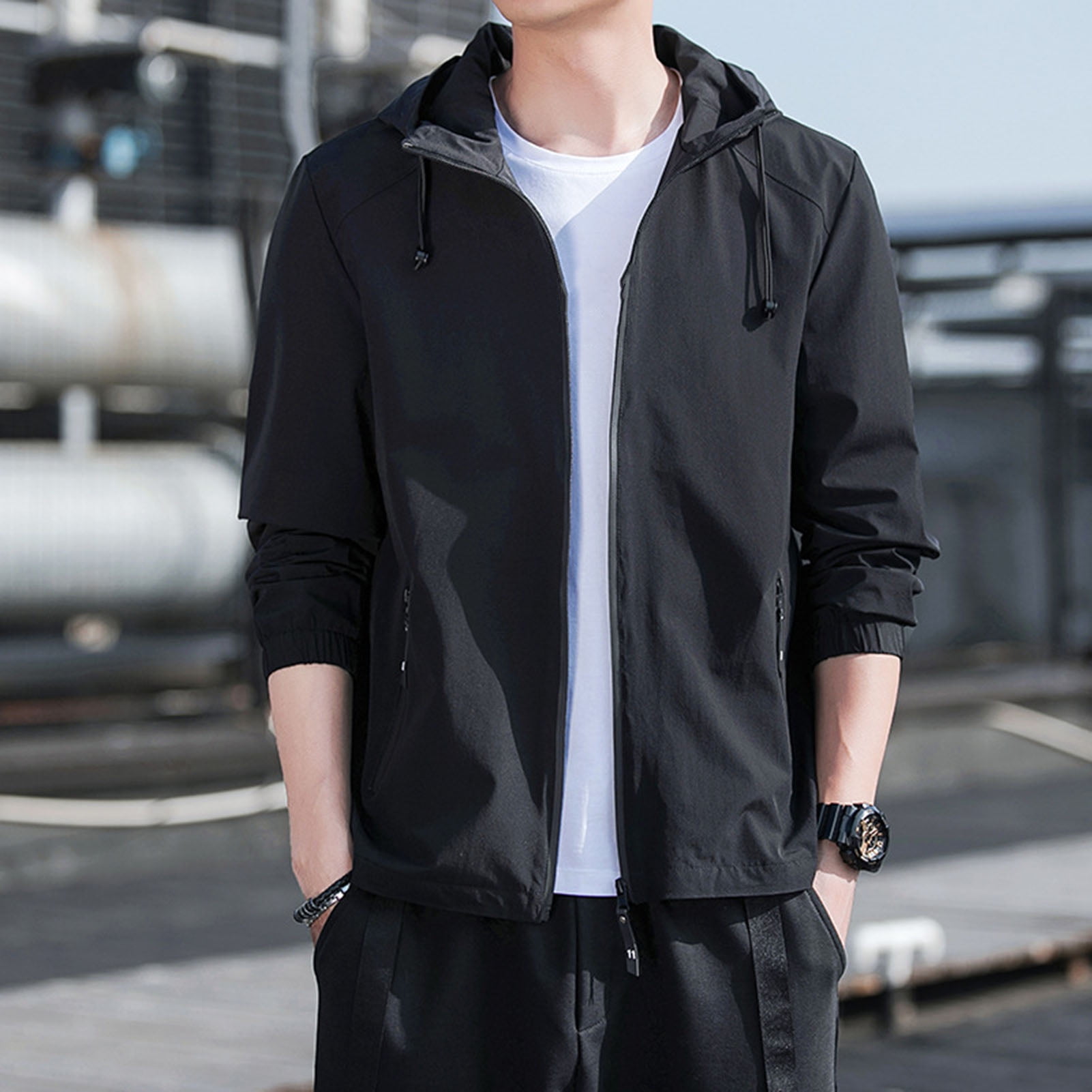 Lohuatrd Men Fall Spring Coat Smooth Pure Color Hooded Long Lohuatrd Men Fall Spring Coat Smooth Pure Color Hooded Long