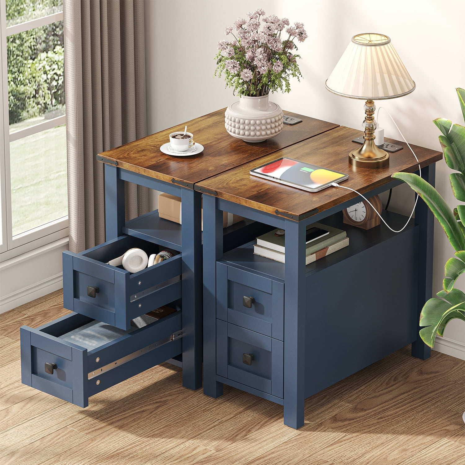 VVFLU Farmhouse End Table with Charging Station, Blue Nightstand Narrow, Skinny Slim Small, Bedroom