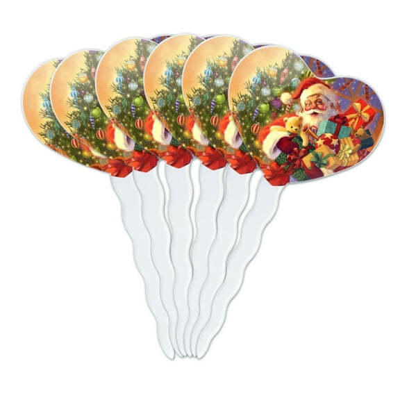 Christmas Holiday Santa Delivering Toys Heart Love Cupcake Picks Toppers Decoration Set of 6