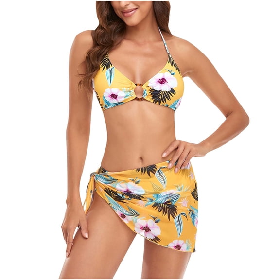 Taqqpue 3 Piece Bikini Set for Women Sexy O Ring Triangle Halter Swimsuits Top with Bottom and Short Mesh Sarong Wrap Skirt Bathing Suits on Clearance