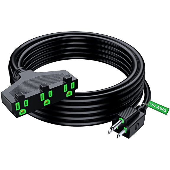 Maximm Cable 25 ft Safety Extension Cord with Multiple Outlets Black 14/3 SJTW, 14 Gauge Heavy Duty Indoor Power Cords ETL