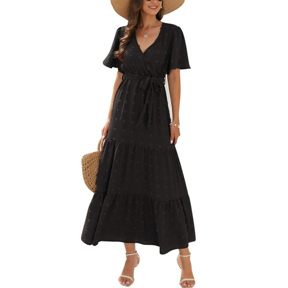 IWEMEK Women Dress Summer Maxi Dresses Beach Boho Flutter V Neck Black Dresses for Ladies Elegant Chic Smocked Clothes