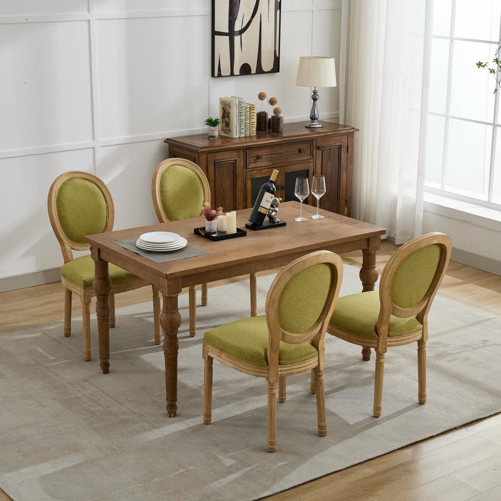 French Style Dining Chairs Set of 2, Solid Wood Upholstered Dining Room Chairs with Linen Fabric, Cushioned Backrest, Antique Finish, Olive Green