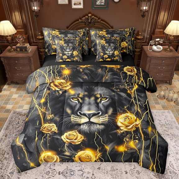 Homewish Animal Lion Boy Girl Twin Bedding Sets 7-Piece,Chic Floral Golden Rose Bedding Comforter Set Microfiber,Abstract Vintage Flowers Wildlife Breathable Sheet Sets,Ultra Soft Home Decor