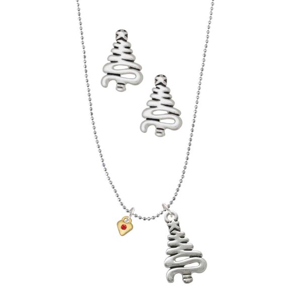 Delight Jewelry Goldtone Mini July - Red Crystal Heart Silver tone Zig Zag Christmas Tree Charm Necklace and Stud Earrings