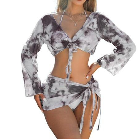 ZQGJB 4 Piece Bikini Sets for Women  High Cut Tie Dye Swimsuits  Sexy Bathing Suits with Long Sleeved Front Tie Knot Top and Skirt Bikini Set(Black M)