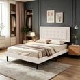 thumbnail image 3 of DEALTOPS Queen Size Velvet Platform Bed Frame, Upholstered Tufted Headboard, No Box Spring, Beige, 3 of 7