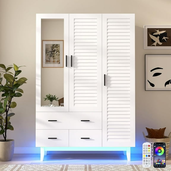 Blotout 70" Armoire Wardrobe Closet with Mirror & LED Lights, LED White Louver Door Wardrobe Armoire with 3 Drawers & Hanging Rods, Large 3 Doors Armoire Storage with Multi-Layer Shelves