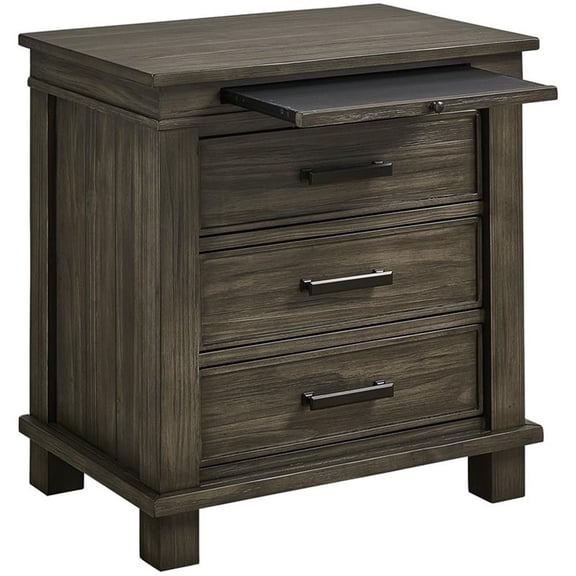 Bowery Hill 3 Drawer Solid Wood Charger Nightstand in Gray Stone