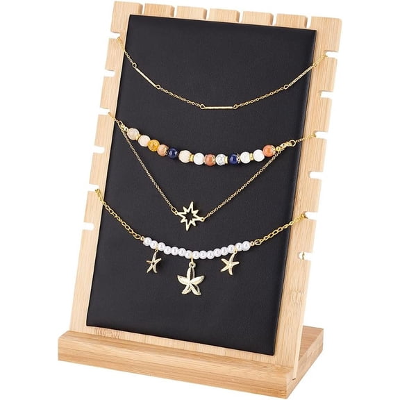 Bamboo Jewelry Display Stand Necklace Holder Stand Tabletop Display Boards Wood Chain Choker Organiser with Leather