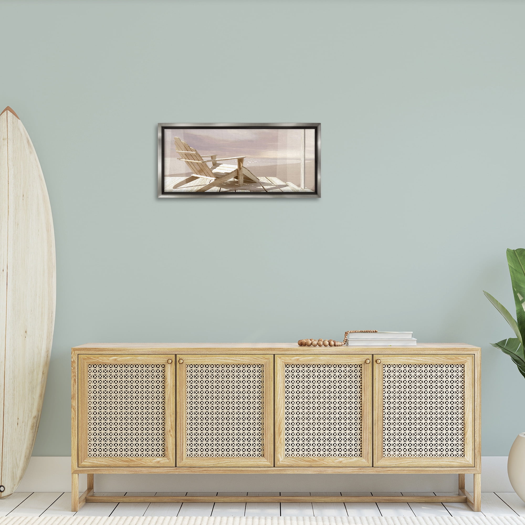 Stupell Industries Chair Overlooking Beach Landscape Photography Gray Floater Framed Canvas Art Print Wall Art, 31 x 14