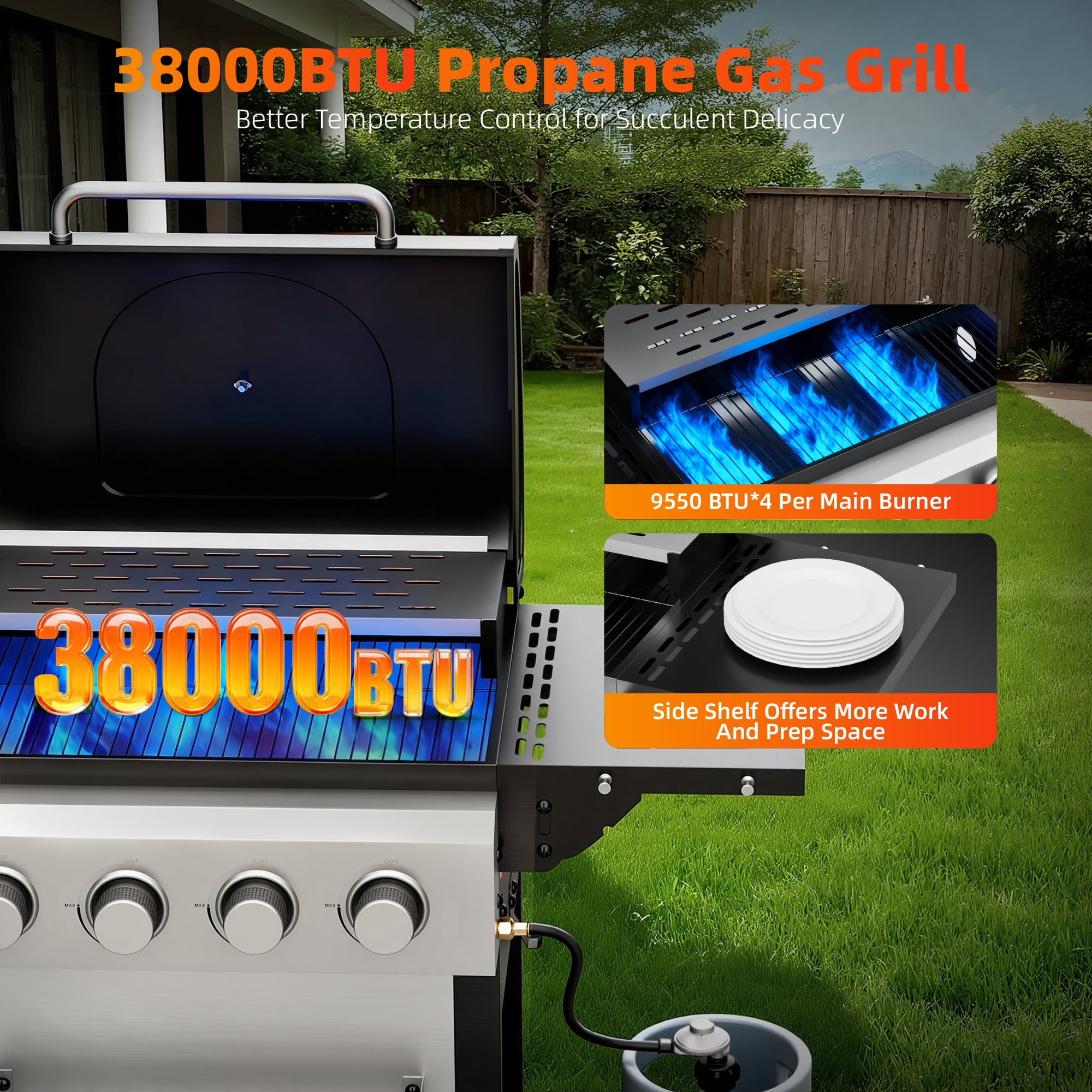 Biotree 4 Burner BBQ Propane Gas Grill, Stainless Steel 38,000 BTU Patio Garden Barbecue Grill with Two Foldable Shelves