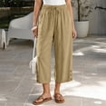 thumbnail image 2 of Dzrciro Capri Pants for Women, Cotton Linen Drawstring Elastic Waist Pants with Hem Button and Pockets, Comfy Daily Trendy Trousers S‑2XL, 2 of 9