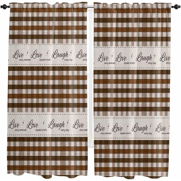 Brown Plaid Window Curtains 84 Inch Length - 2 Panels, Rod Pocket Curtain Panels, Farmhouse Buffalo Checkered Retro Window Treatment for Bedroom/Kitchen/Bathroom Windows, 52W x 84L Inch
