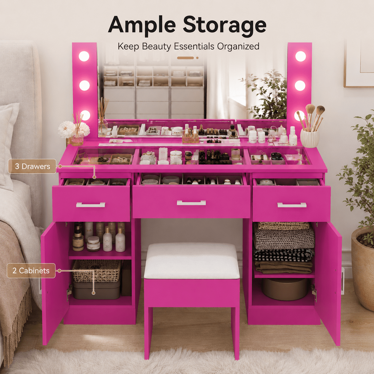 Ktaxon Large Makeup Vanity, Get Ready with Me GRWM Vanity Table Set w/ Visible Glass Top and Charging Station, Pink
