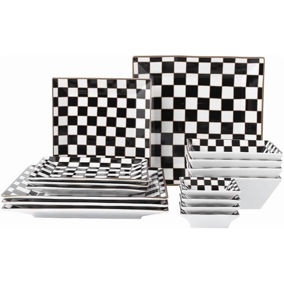 g Checker Porcelain Square Dinnerware Set for 4, Dishes Set for 4 with 3.3-inch Dipping Saucers, Black and White Plates and Bowls Set