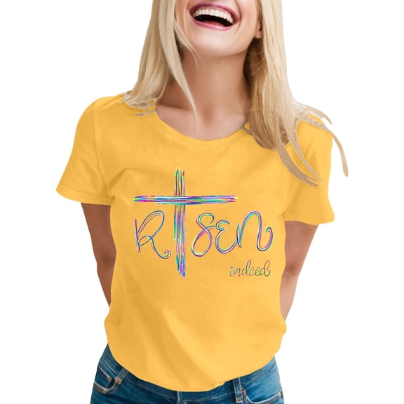 Alun Easter T Shirts for Women He Is Risen T-Shirt Crewneck Short Sleeve Easter Gift Bible Verse Tee Tops Ladies Casual Letter Print Festival Stylish Outfit Yellow XL
