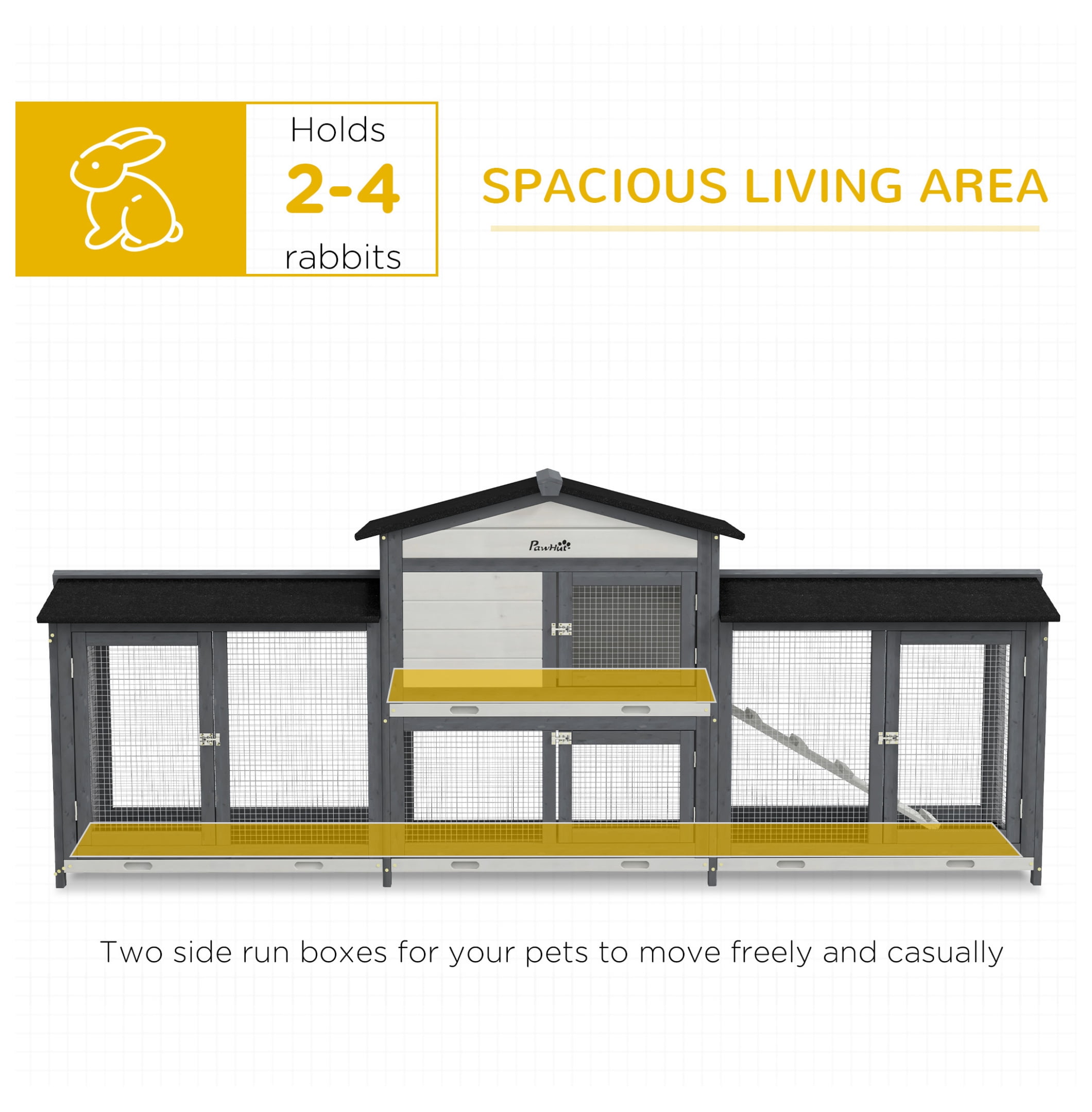 Rabbit Hutch 90.5" Wooden Bunny Cage - Double Run Boxes, Ramp, Pet Playpen for Guinea Pig & Small Animals, Light Gray