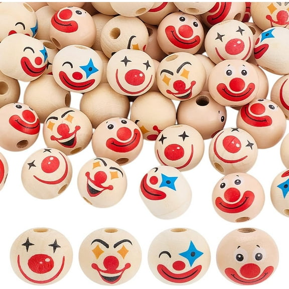 80pcs 20mm Clown Wood Beads 4 Styles Natural Wooden Beads Face Head Round Spacer Loose Bead Bulk for DIY Crafts Jewelry Making Hanging Ornament Hole 5.5mm