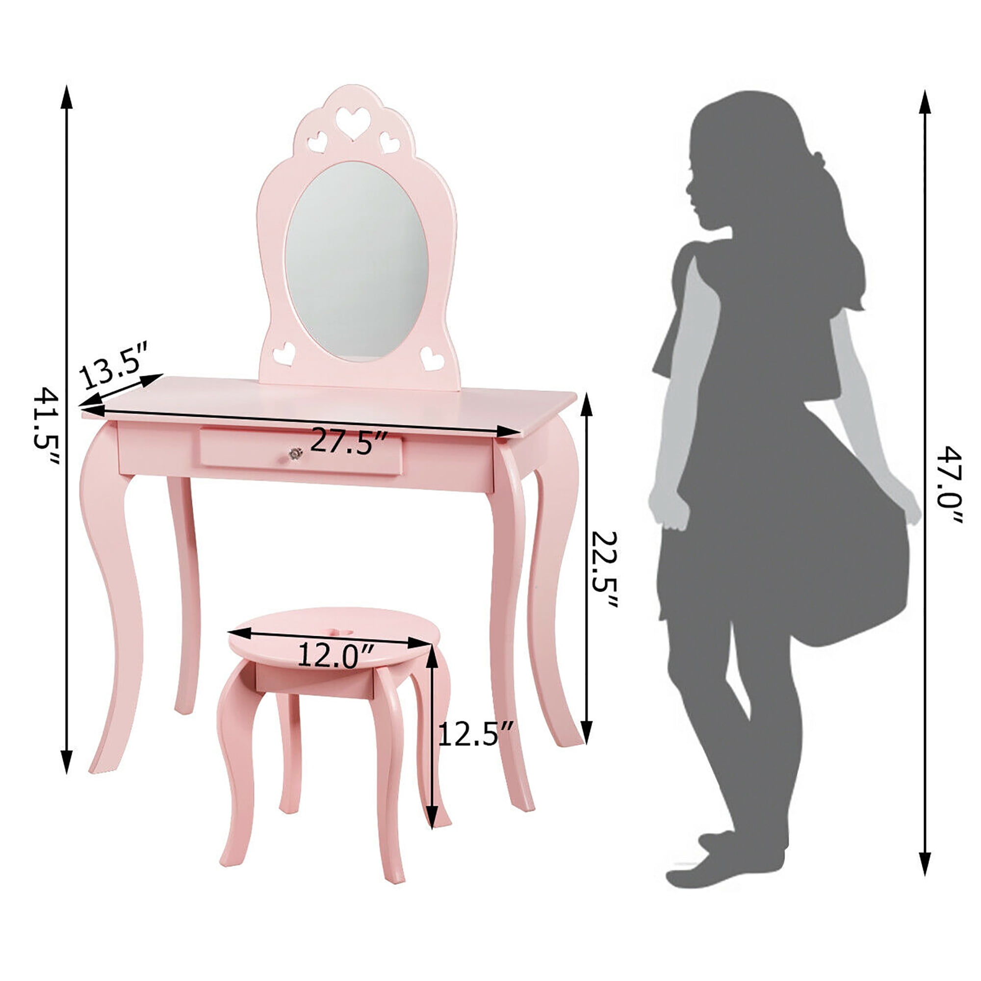 Costway Kids Vanity Set Princess Makeup Dressing Play Table Set W/Mirror  Pink