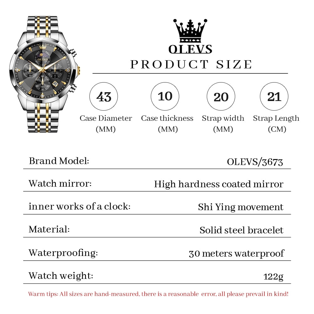 OLEVS Watches For Men Business Dress Luxury Casual Chronograph Multifunction Analog Quartz Stainless Steel Waterproof Luminous Moon Phase Date Men Wrist Watches Reloj Para Hombre Black Dial