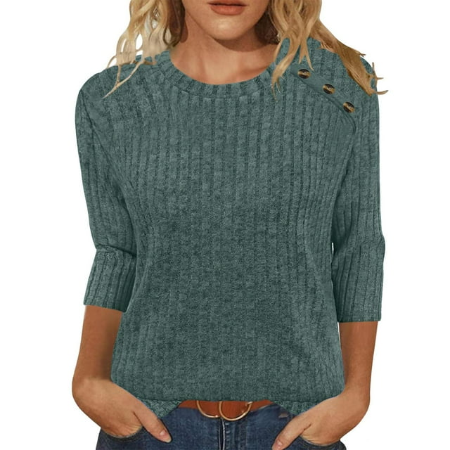 Chandails d'Automne Grande Taille pour Femmes Automne et Hiver Couleur Unie Col Rond Bas Rayé Ample Décontracté Manches Trois-Quarts