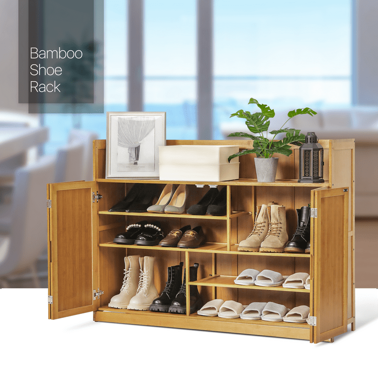 MoNiBloom 3 Tiers 10 Pairs Shoe Rack with Door, Organizer Storage Bamboo  Stand Cabinet for Entryway Hallway & Reviews