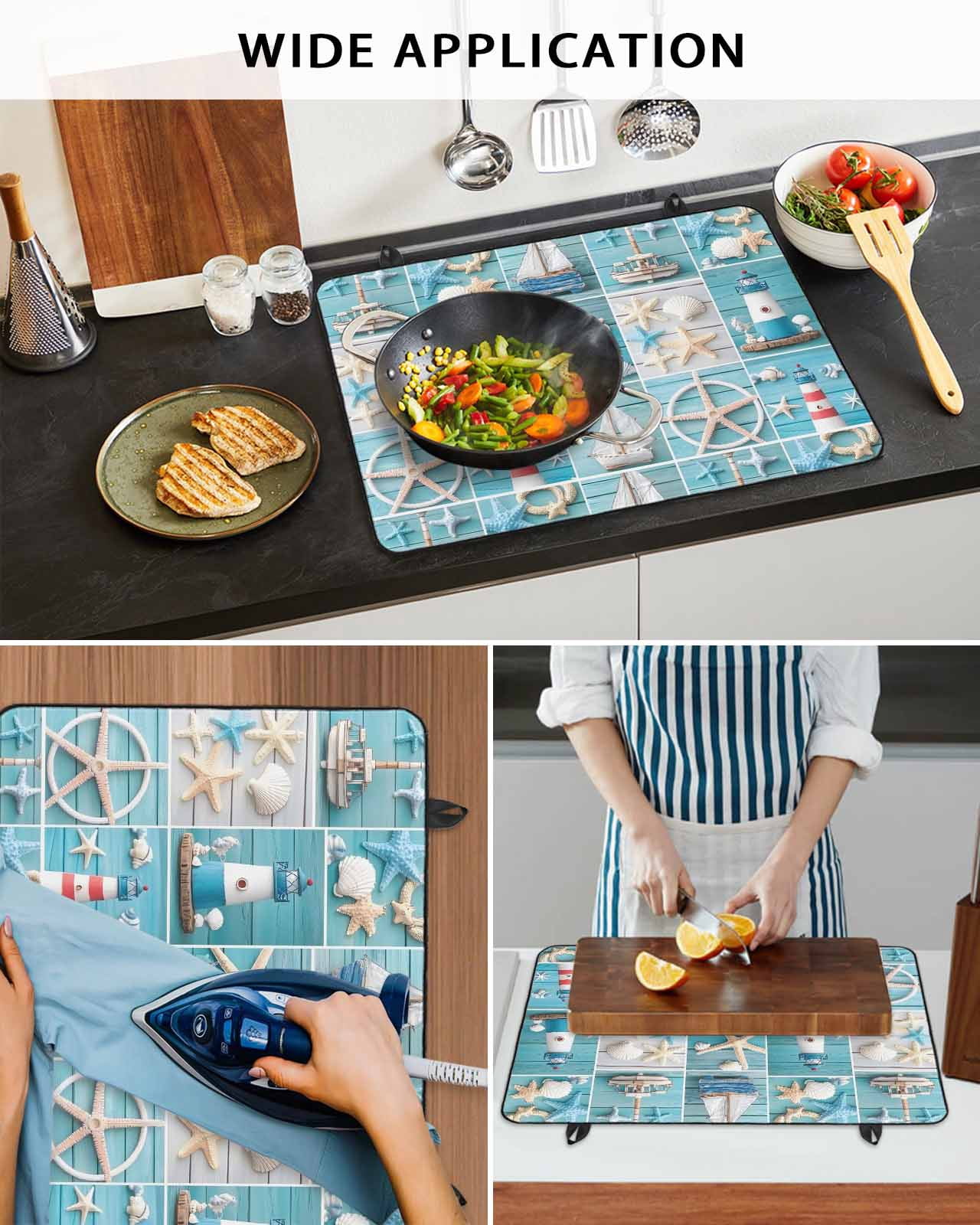nqOlkjepod Large Induction Cooktop Protector Mat 24"x21", Nautical Beach Stove Top Covers for Electric Stove, Blue Coastal Starfish Lighthouse Starfish Stove Burner Cover Mats, Glass Top Stove Cover