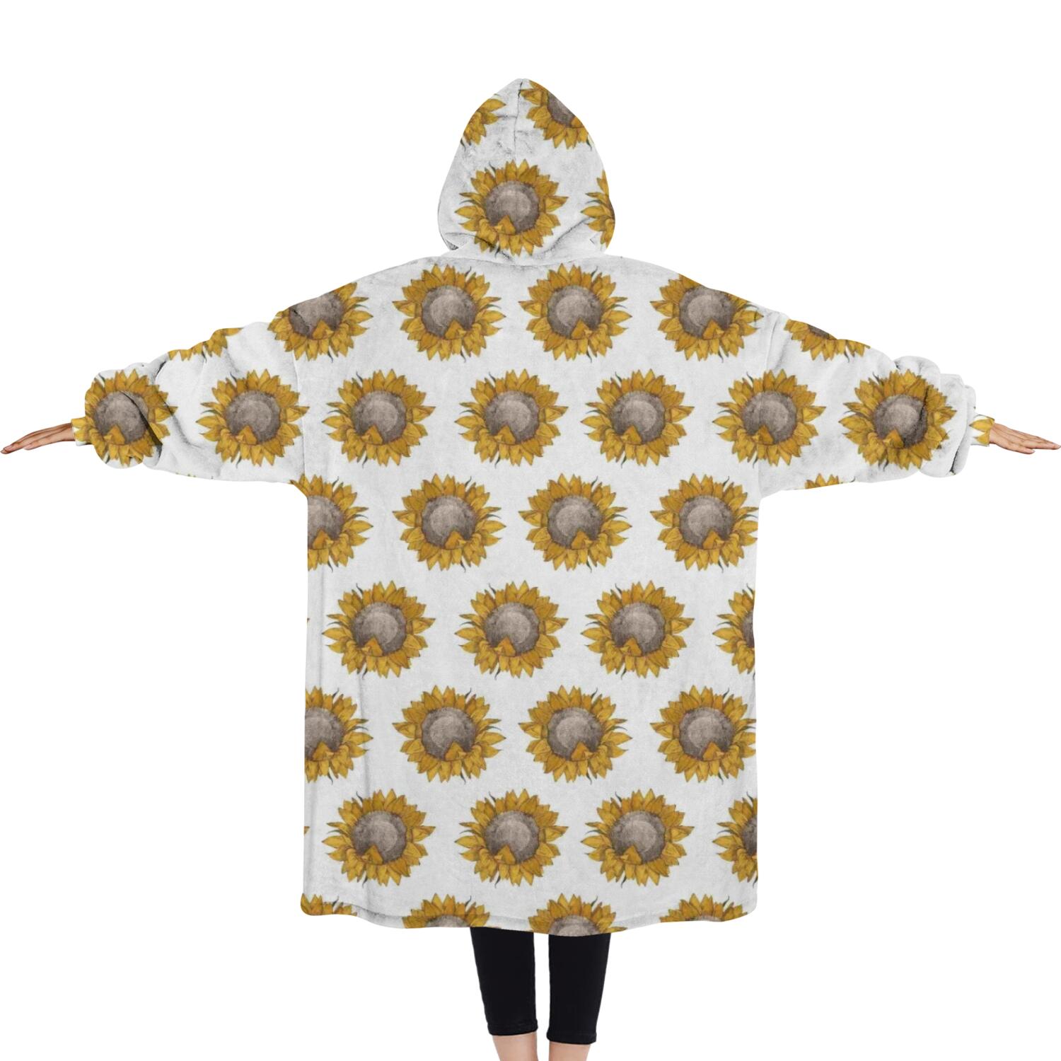 Oversized Wearable Blanket Hoodie,White Sunflower Pattern Sherpa Blanket Hoodie with Super Pockets,Super Warm Fuzzy Pullover for Women & Men