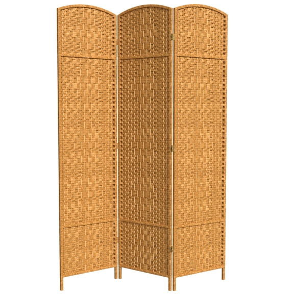 7 ft. Tall Rattan Fiber Diamond Weave Privacy Screen Room Divider - Light Beige - 3 Panels