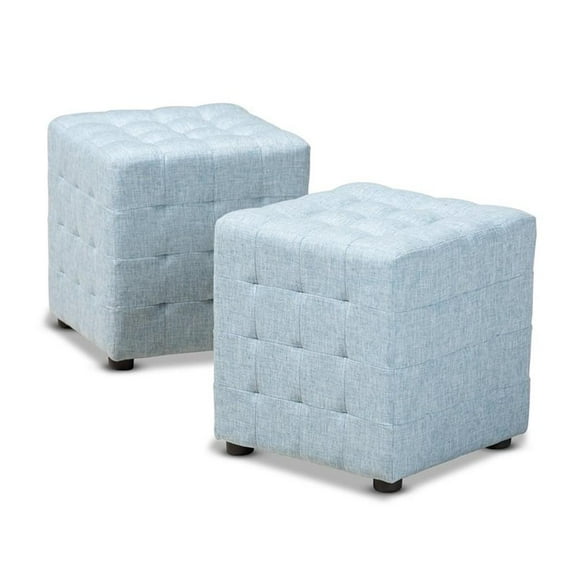 Bowery Hill Upholstered Wood Cube Ottoman in Light Blue - Set of 2