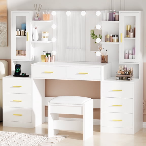 BEWISHOME Modern Dressing Table Vanity with LED Lights, 8 Drawers & USB Charging