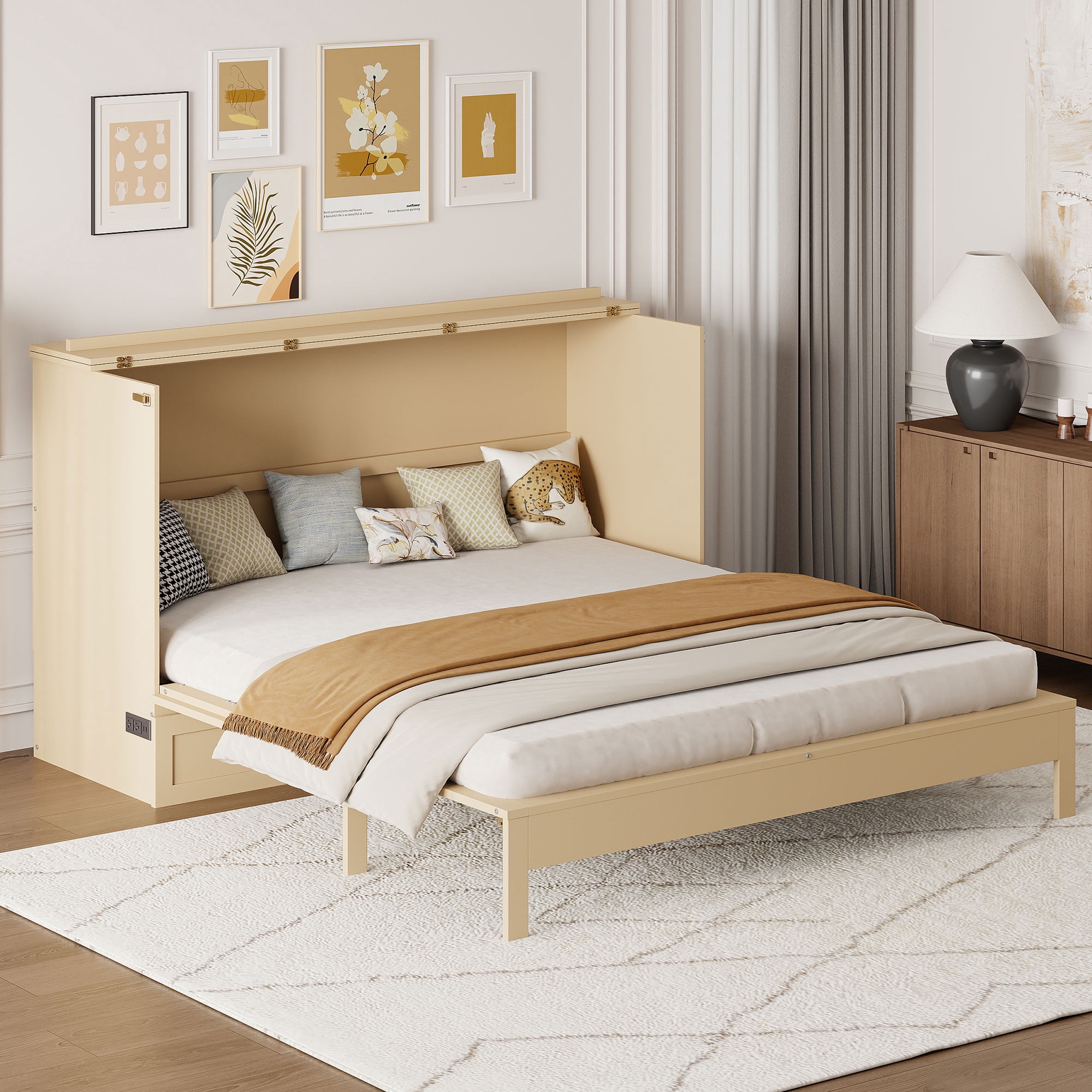Harper & Bright Designs Rattan Queen Size Murphy Bed, Wooden Queen Murphy Bed Frame with Large Drawers, Folding Wall Chest Cabinet Bed for Guest Room, Gold