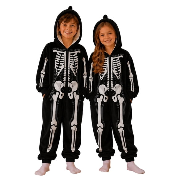 Byoo Toddler Girl's Zip Up Hooded Jumpsuit Printed Skeleton Halloween Onesie, Black