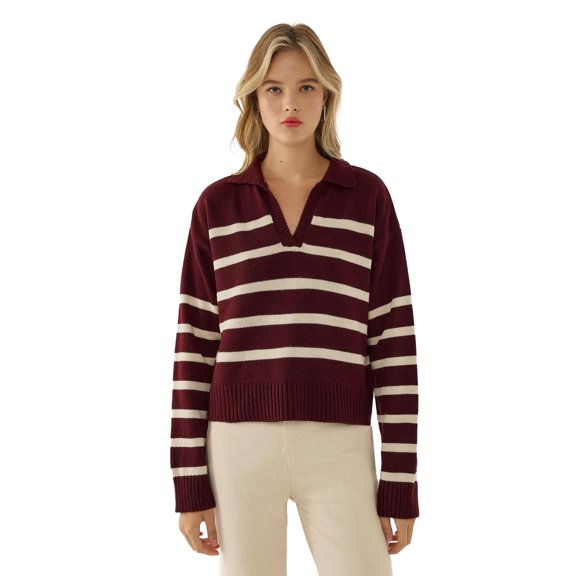 Striped Polo Collar Knit Sweater