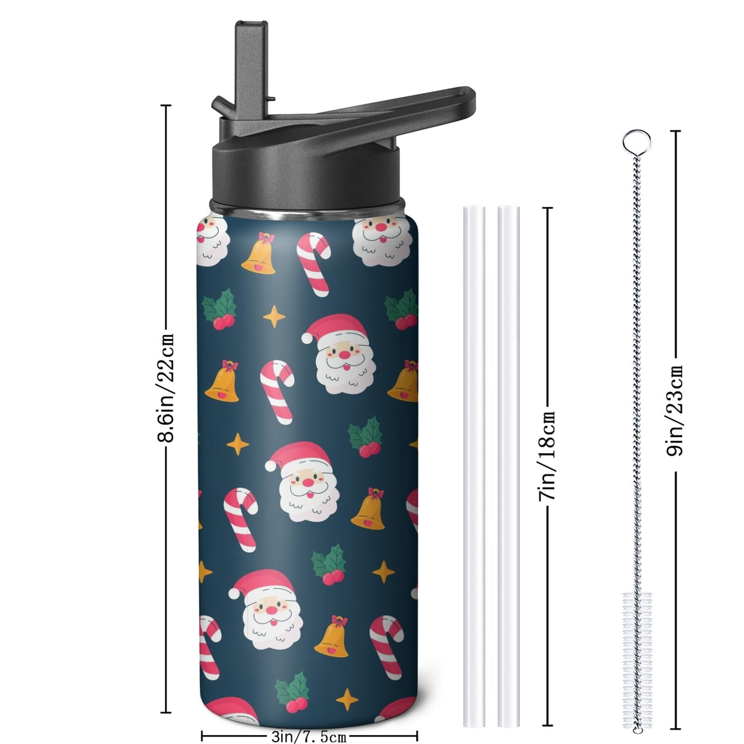 Christmas 18 oz Insulated Stainless Steel Water Bottle with Straw & Cleaning Brush , Leakproof, BPA-Free, 304 Stainless Steel, Wide Mouth, Travel Mug for Car, Gym, Office