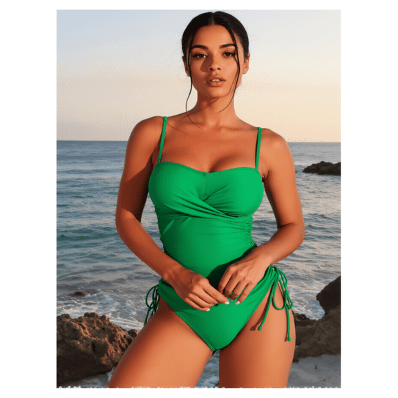 Women's Tankini Swimsuit Two Piece Solid Green Tie Back Bathing Suit Top with High Waisted Bottoms Summer Beach Swimwear