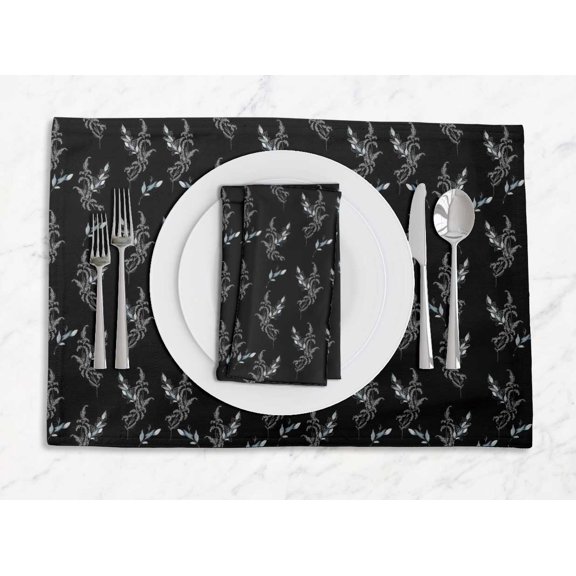S4Sassy Black Lavender Leaves Washable Printed Dining Reversible Tablemats With Napkins Set